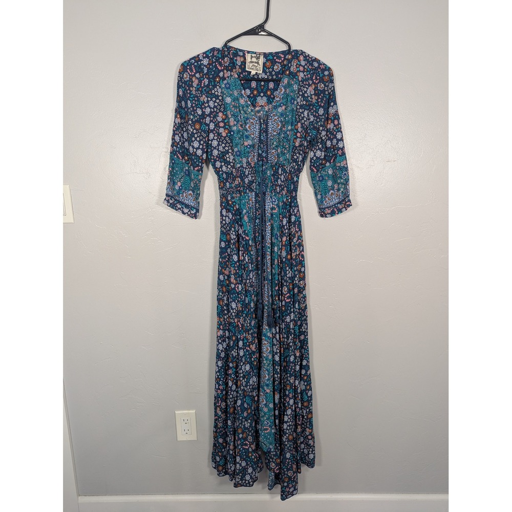 Jaase Blue Floral Patchwork Maxi Dress Smocked Waist Tassel Boho Womens Small